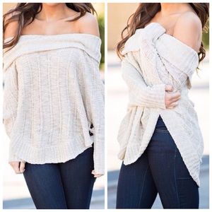 Off Shoulder Button Accent Natural Sweater (L)